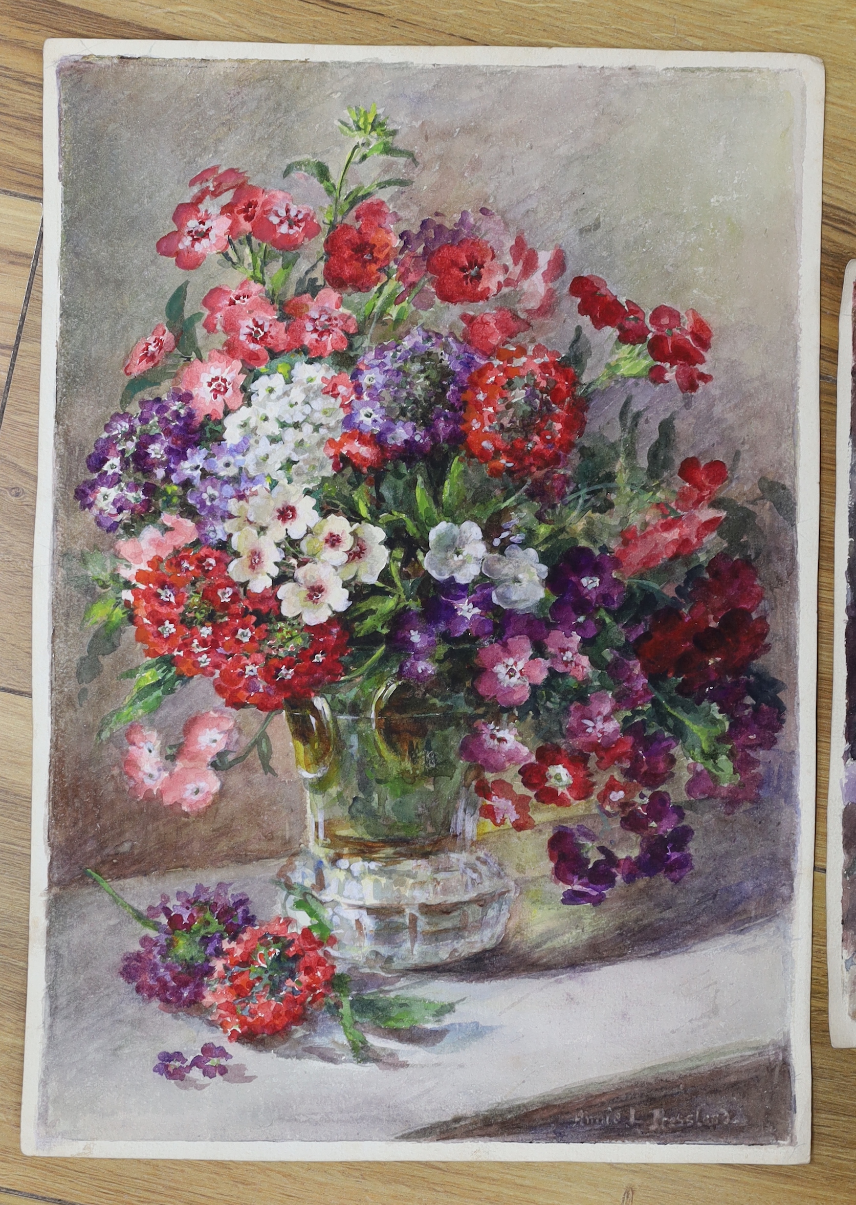 Annie L Pressland (1862-1933) two watercolours on card, still life’s of flowers, signed, 26 x 36cm